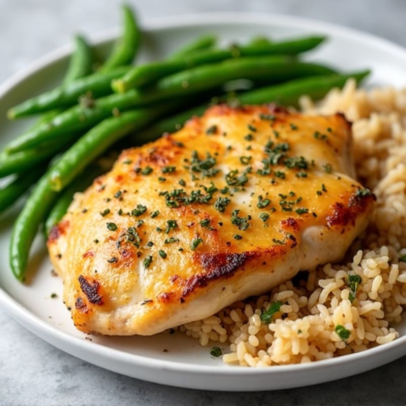 Sheet Pan Lemon Herb Chicken and Crispy Green Beans with Brown Rice