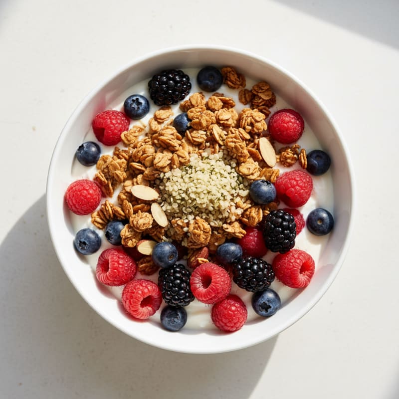 Greek Yogurt with Crunchy Almond Granola and Mixed Berries