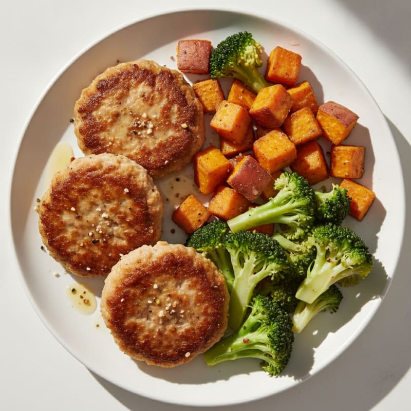 Seared Turkey Patties with Steamed Broccoli and Roasted Sweet Potato