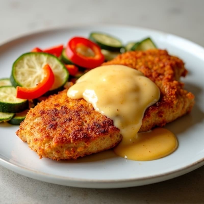 Crispy Chicken Breast with Roasted Vegetables and Light Cheese Sauce