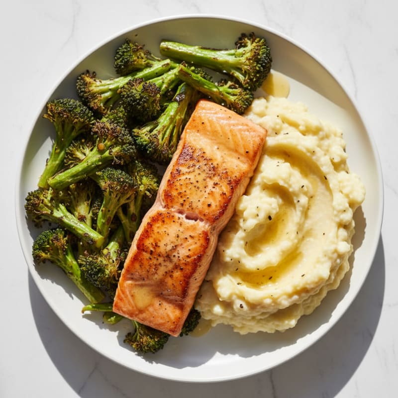 Seared Salmon with Roasted Broccoli and Garlic Mashed Cauliflower