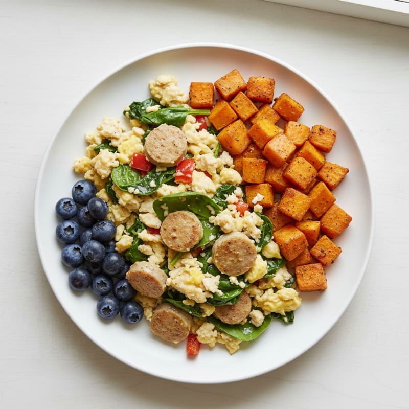 Egg White and Turkey Sausage Scramble with Roasted Sweet Potato