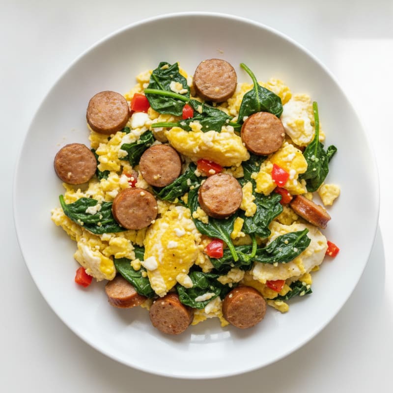 Egg White and Turkey Sausage Scramble with Sautéed Spinach