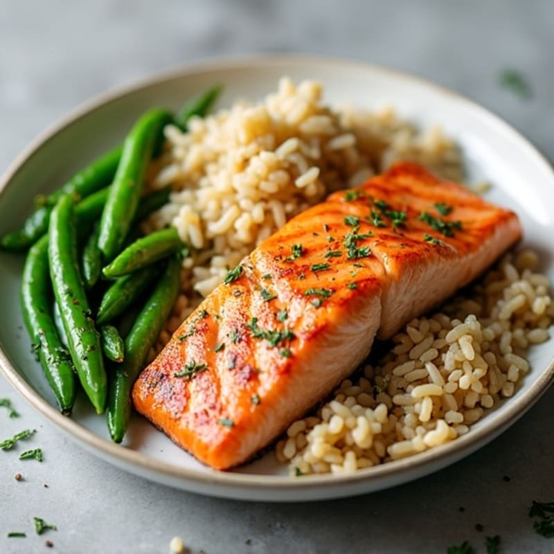 Seared Salmon with Garlic Green Beans and Brown Rice