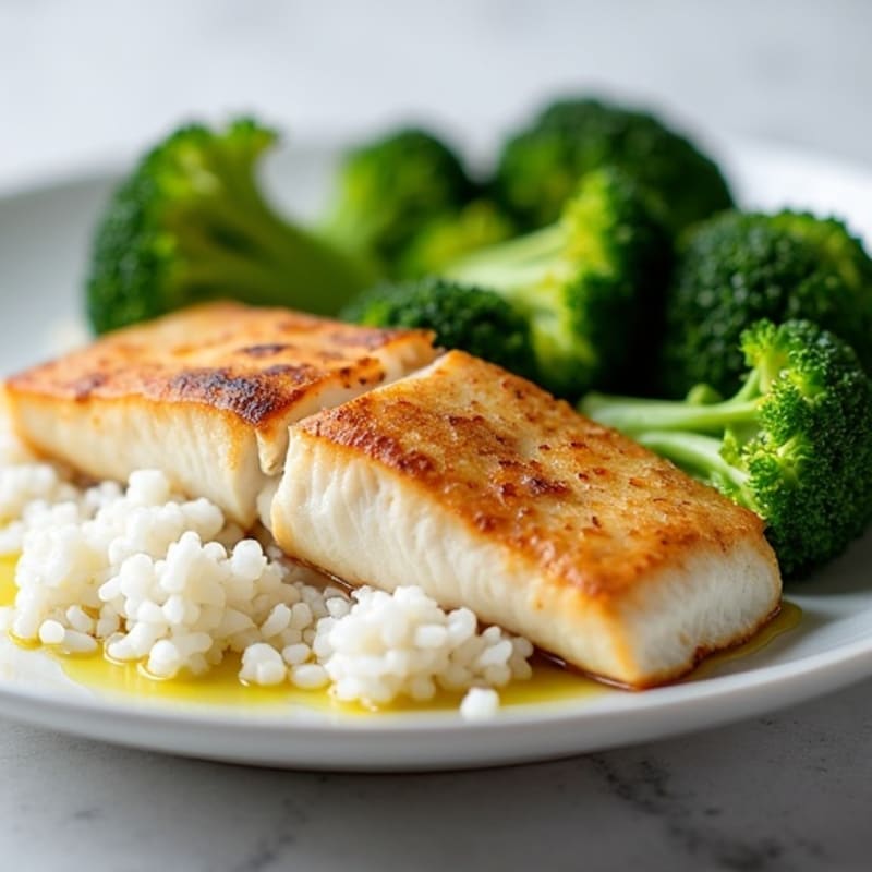 Seared Fish Fillet with Steamed Rice and Steamed Broccoli