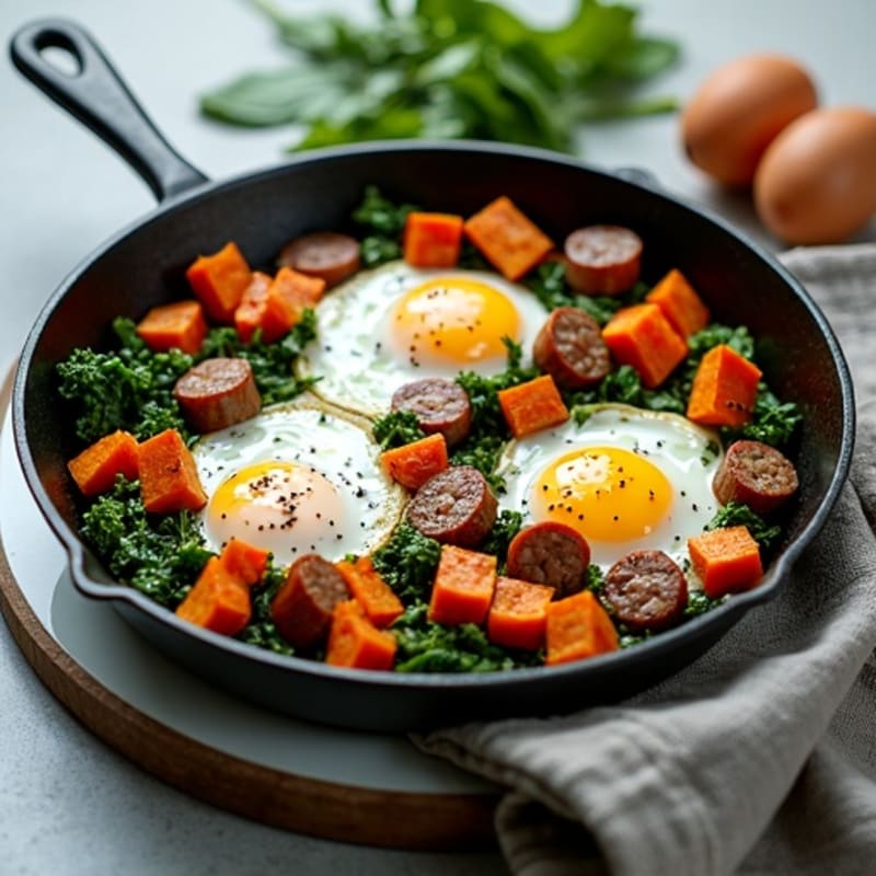 Crispy Roasted Sweet Potato and Turkey Sausage Skillet with Sautéed Greens and Eggs