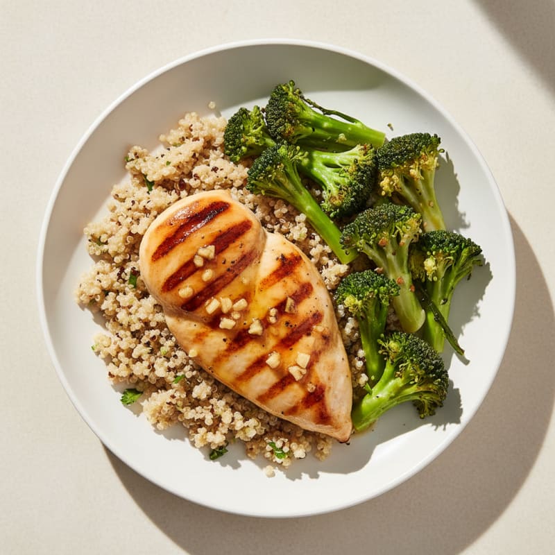 Grilled Lemon Chicken Breast with Quinoa and Steamed Broccoli