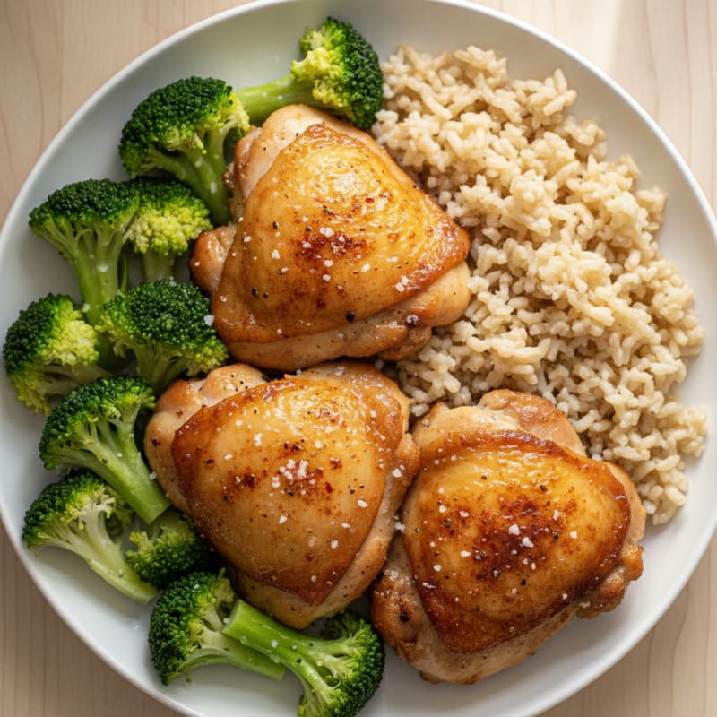 Roasted Chicken Thighs with Steamed Broccoli and Brown Rice