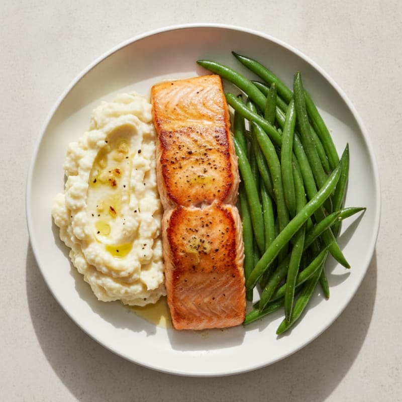 Seared Salmon with Steamed Green Beans and Garlic Mashed Cauliflower