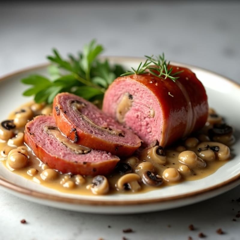 Prosciutto-Wrapped Roasted Beef Tenderloin with Creamy Mushroom Duxelles
