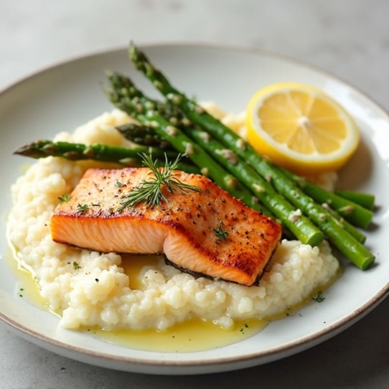 Seared Salmon with Steamed Asparagus and Cauliflower Mash