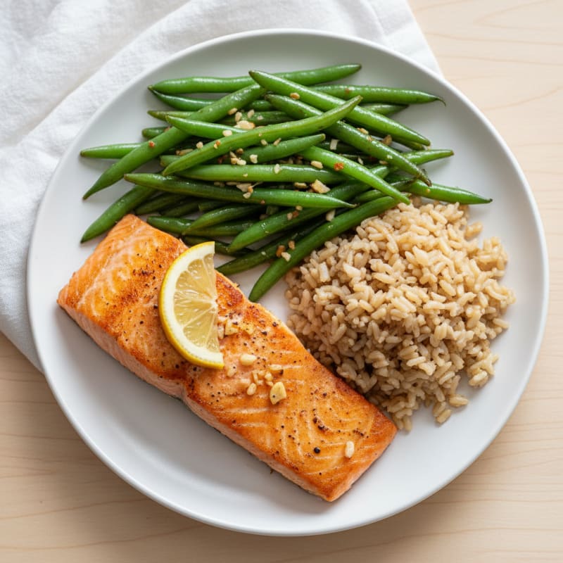 Seared Salmon with Garlic Green Beans and Brown Rice