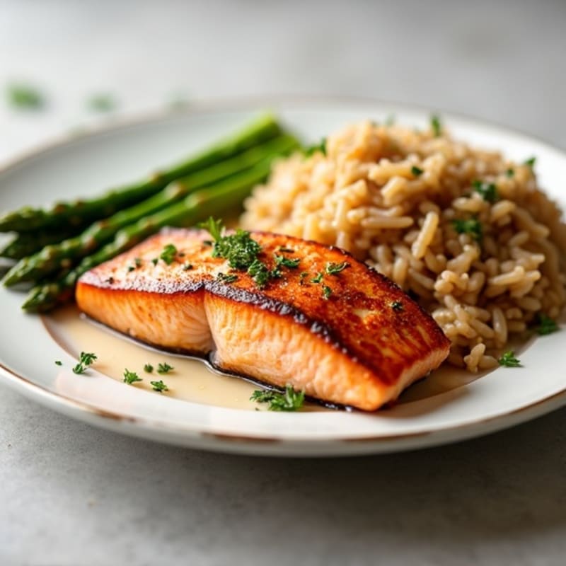 Seared Salmon with Steamed Asparagus and Brown Rice