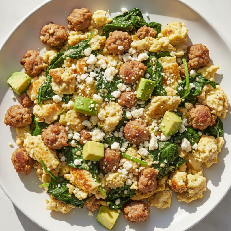 Egg White Scramble with Turkey Sausage and Sautéed Spinach