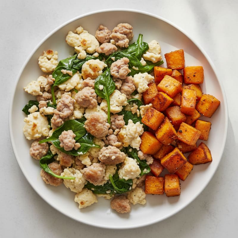 Egg White and Turkey Sausage Scramble with Spinach and Roasted Sweet Potato