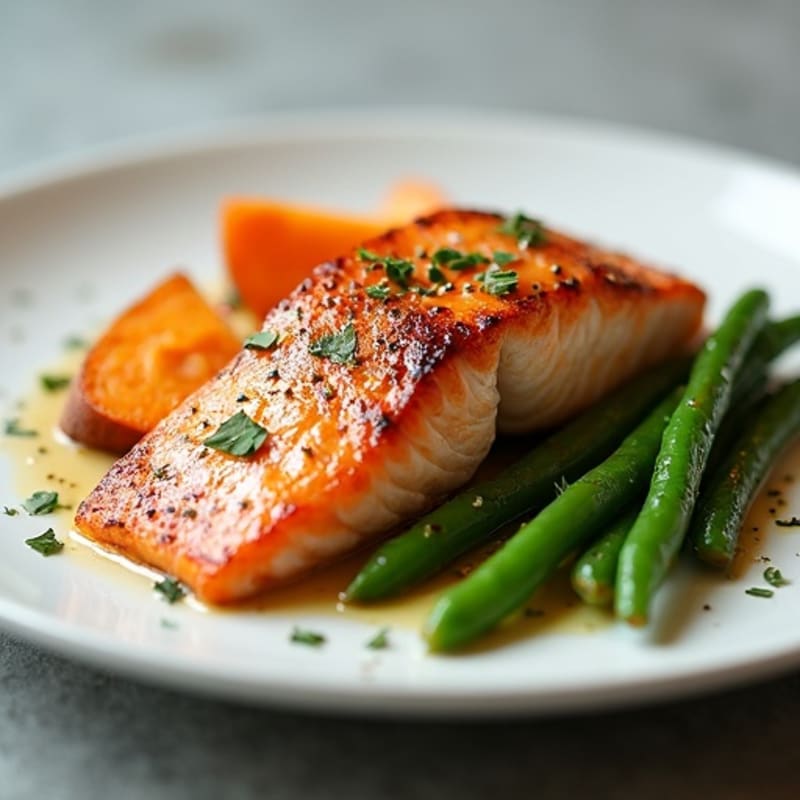 Seared Salmon Fillet with Roasted Sweet Potato and Garlic Green Beans