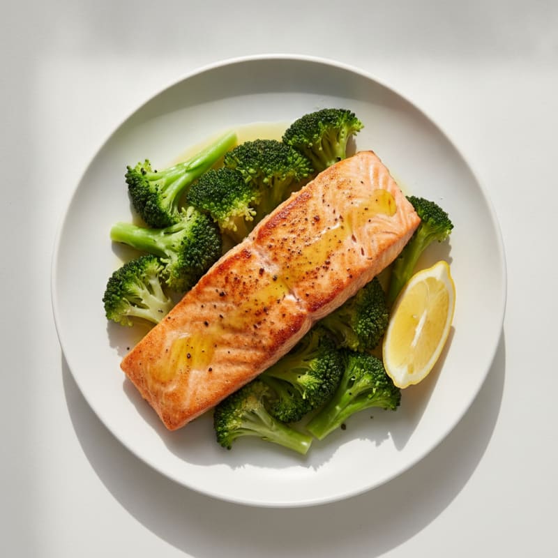 Seared Salmon with Steamed Broccoli and Lemon