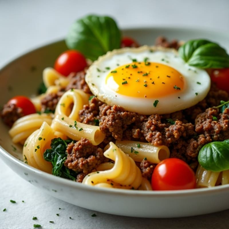 Warm Beef and Herb Pasta with Soft-Boiled Eggs and Fresh Greens