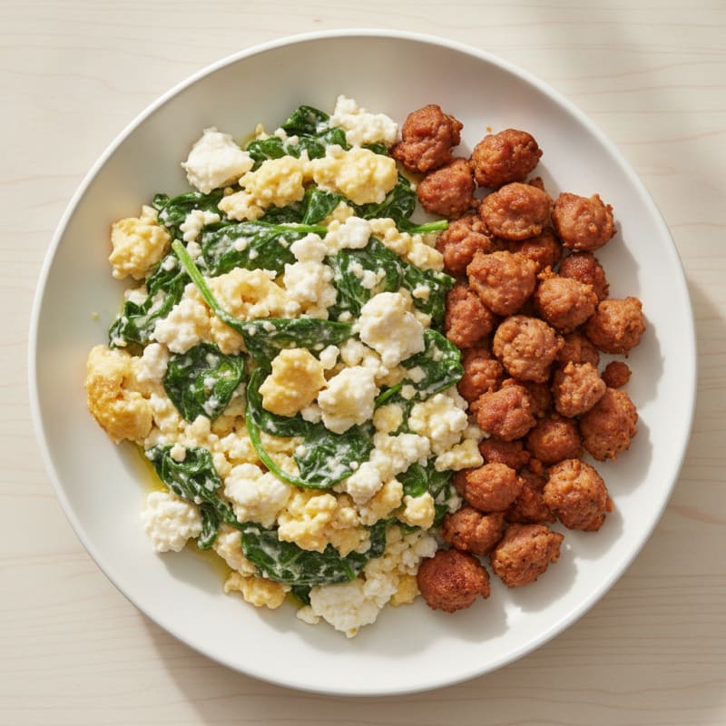 Cottage Cheese Scramble with Spinach and Turkey Sausage