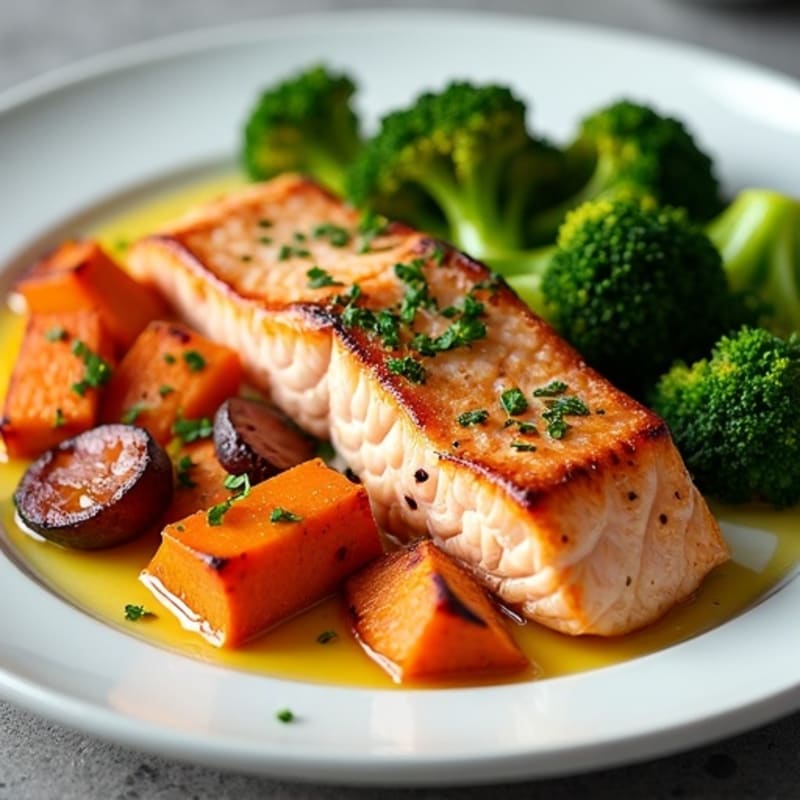 Pan-Seared Salmon with Roasted Sweet Potatoes and Broccoli