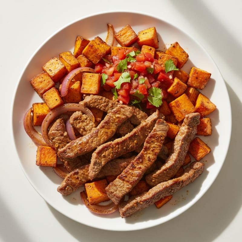 Seared Lean Beef Strips with Roasted Sweet Potatoes and Spicy Salsa