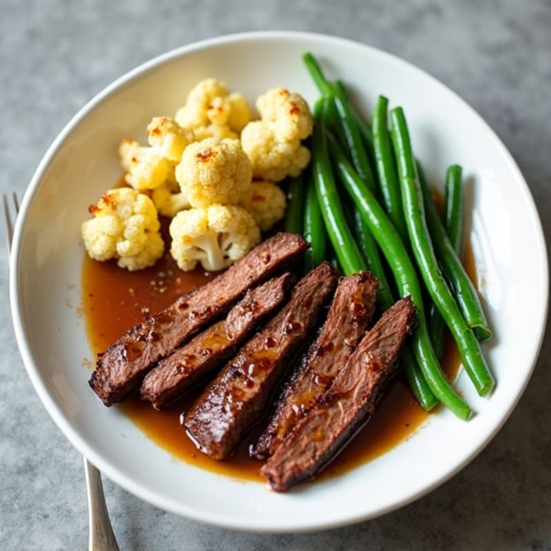 Seared Lean Beef Strips with Roasted Cauliflower and Garlic Green Beans
