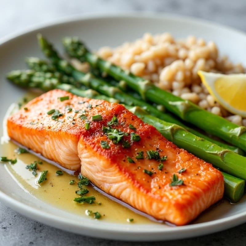 Seared Salmon Fillet with Steamed Asparagus and Brown Rice