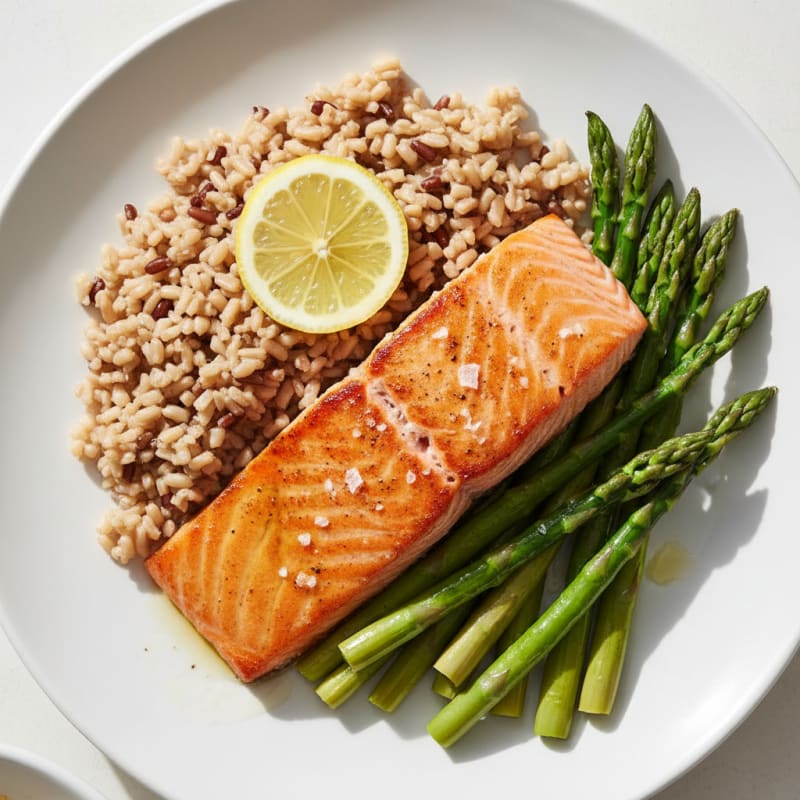 Seared Salmon Fillet with Steamed Asparagus and Brown Rice