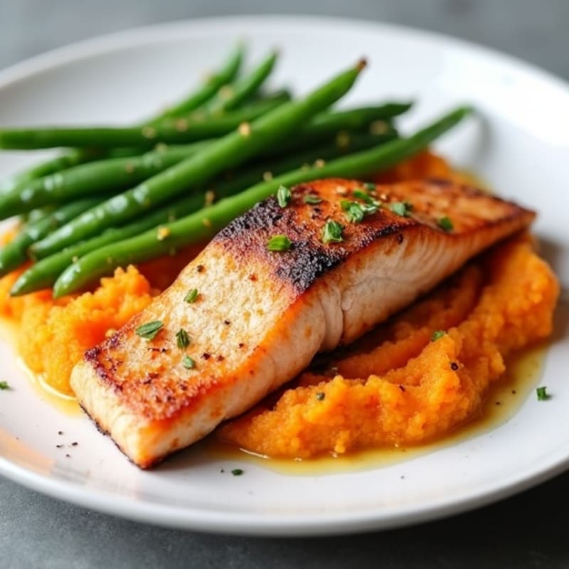 Seared Salmon with Steamed Green Beans and Sweet Potato Mash