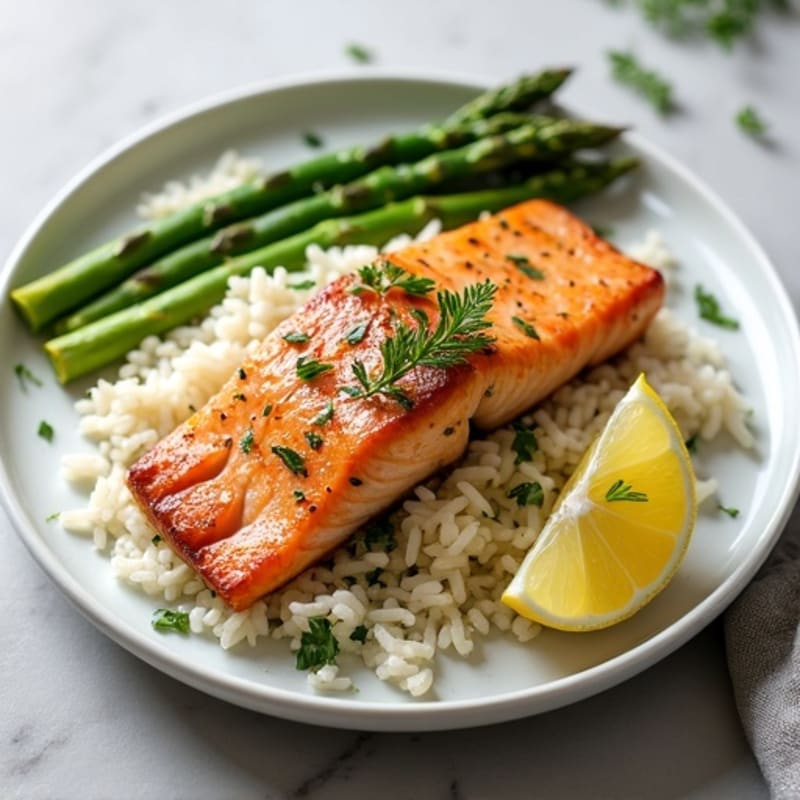 Seared Salmon Fillet with Herb Rice and Steamed Asparagus