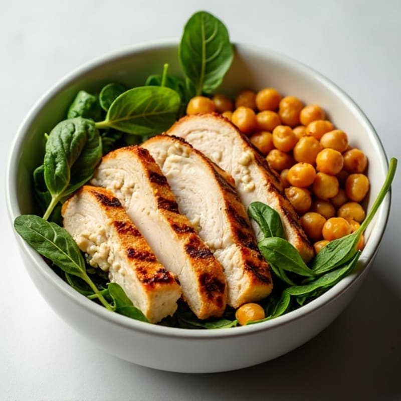 Grilled Chicken and Crispy Chickpea Power Bowl with Creamy Tahini Dressing