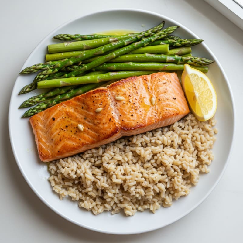 Seared Salmon with Steamed Asparagus and Brown Rice