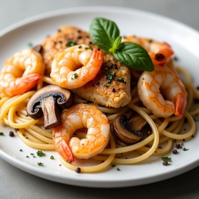 Savory Garlic Chicken and Shrimp with Sautéed Mushrooms and Whole Wheat Spaghetti
