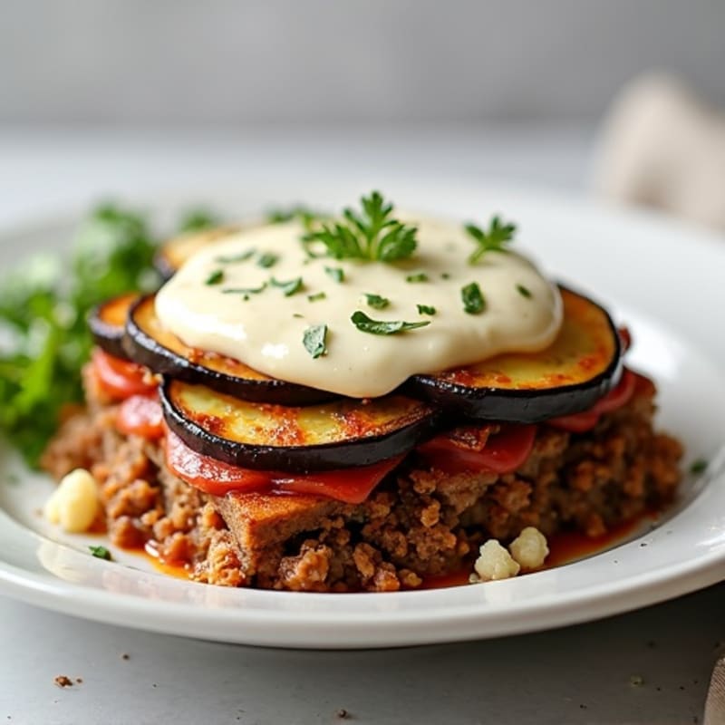 Baked Lean Beef and Eggplant Layers with Creamy Cauliflower Topping