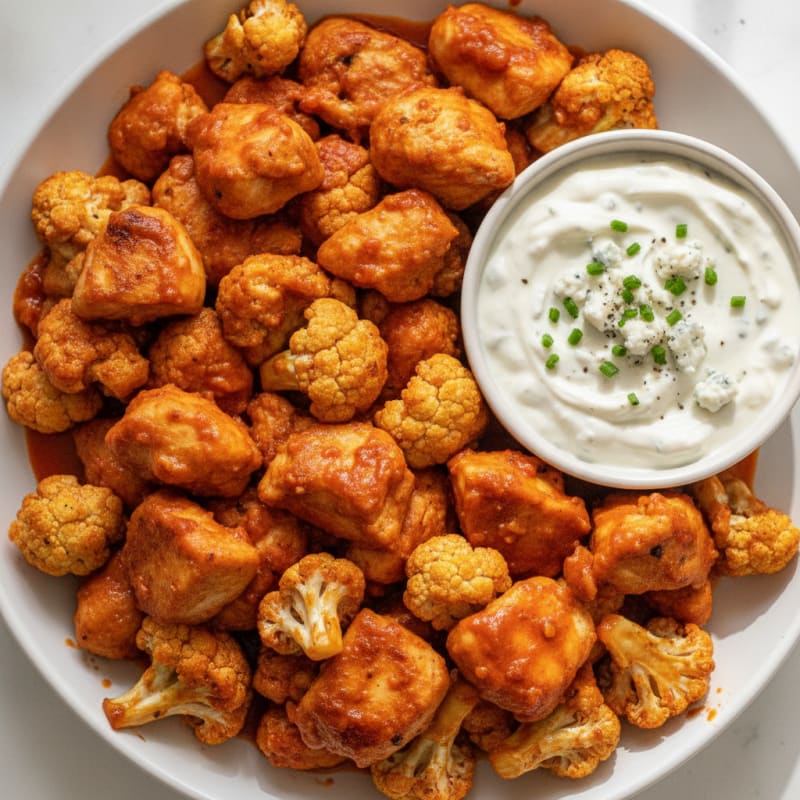 Buffalo Cauliflower and Chicken Bites with Blue Cheese Dip