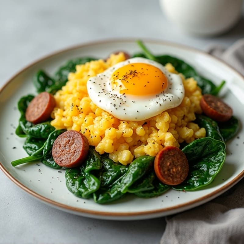 Egg White and Turkey Sausage Scramble with Sautéed Spinach