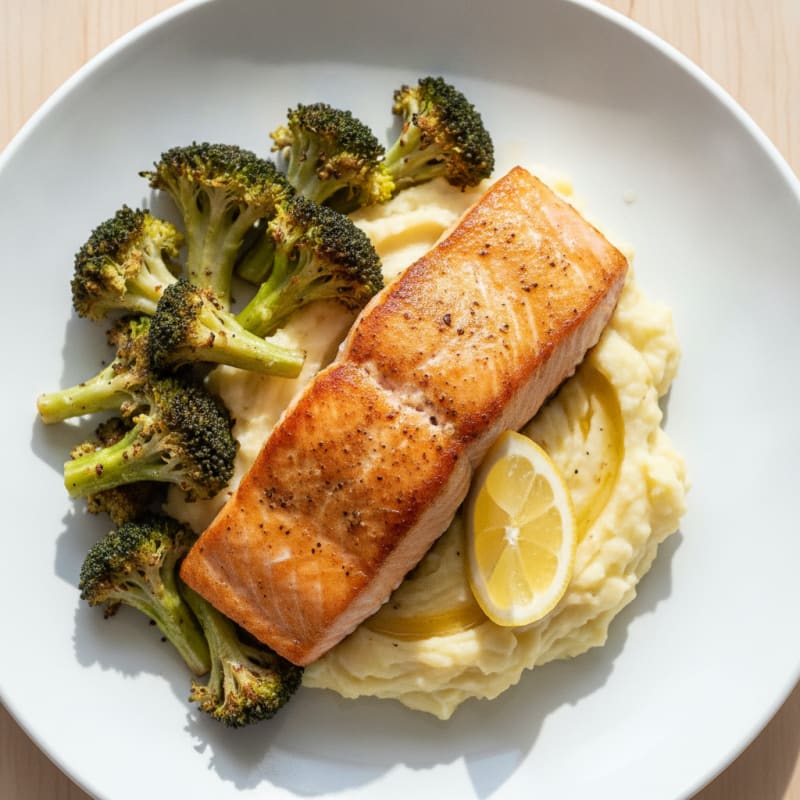 Seared Salmon with Roasted Broccoli and Garlic Mashed Potatoes