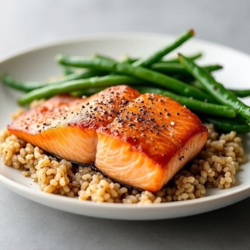 Seared Salmon with Steamed Green Beans and Brown Rice