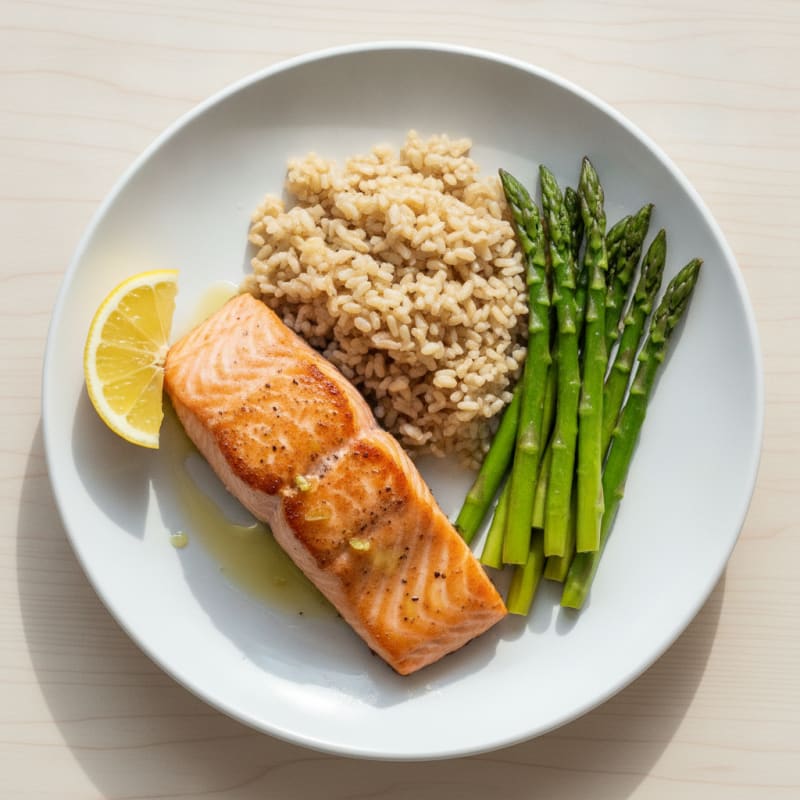 Seared Salmon with Steamed Asparagus and Brown Rice