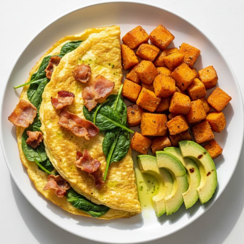 Crispy Turkey Bacon and Spinach Omelette with Roasted Sweet Potatoes