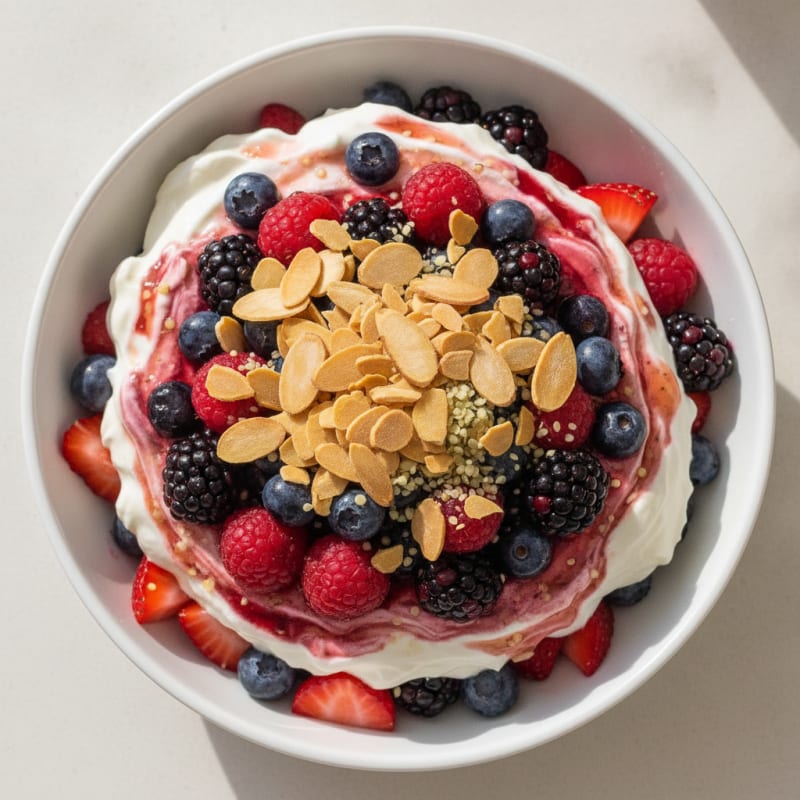 Greek Yogurt Protein Parfait with Mixed Berries and Almonds