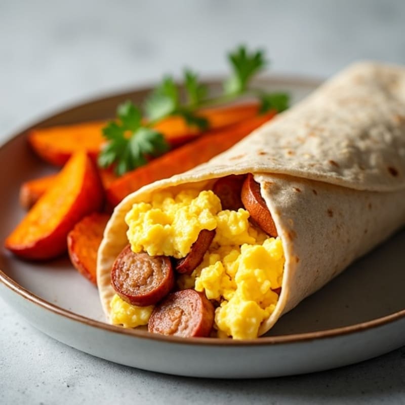 Lean Turkey Sausage and Scrambled Egg Breakfast Burrito with Crispy Sweet Potatoes
