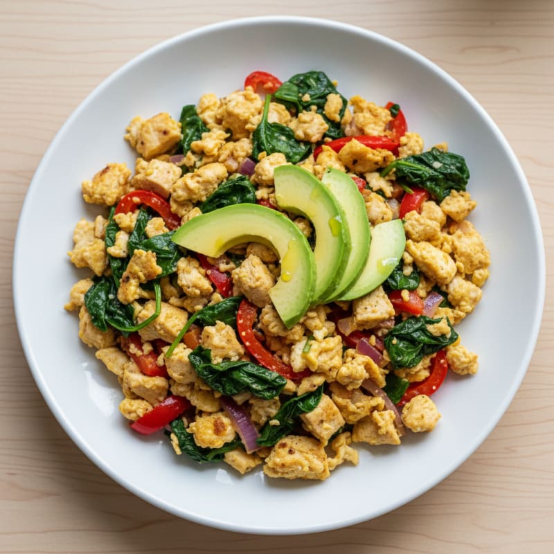 Egg White and Chicken Veggie Scramble with Sautéed Spinach