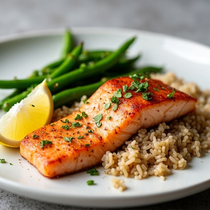 Seared Salmon Fillet with Garlic Green Beans and Brown Rice