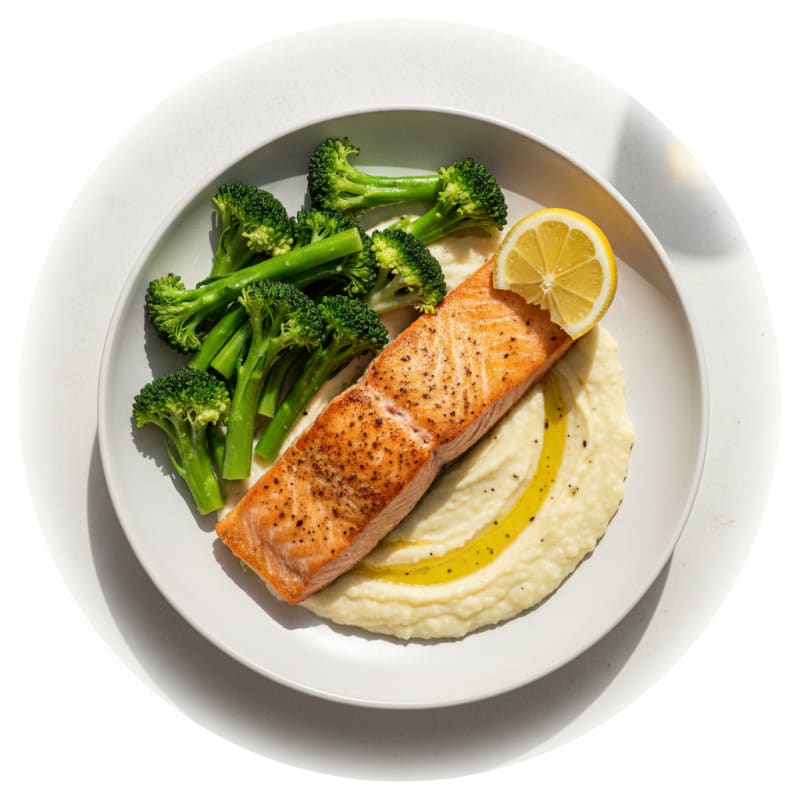Seared Salmon with Steamed Broccoli and Garlic Cauliflower Mash