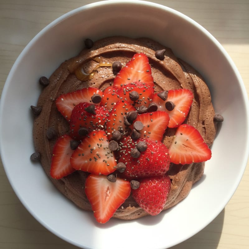 High-Protein Greek Yogurt Chocolate Mousse with Sliced Strawberries
