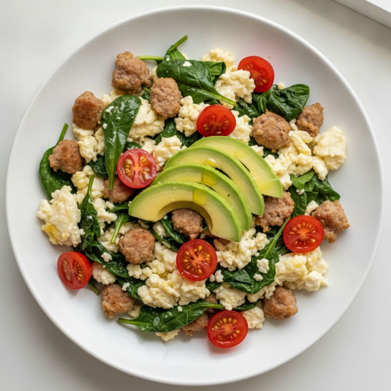 Egg White and Turkey Sausage Scramble with Sautéed Spinach