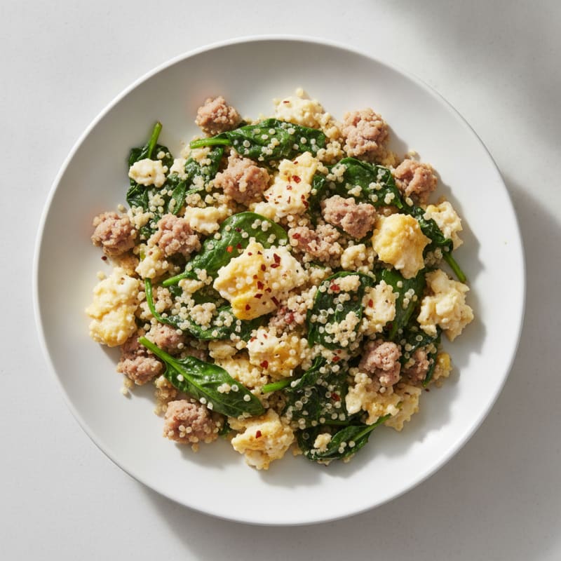 Egg White and Turkey Sausage Scramble with Sautéed Spinach and Quinoa