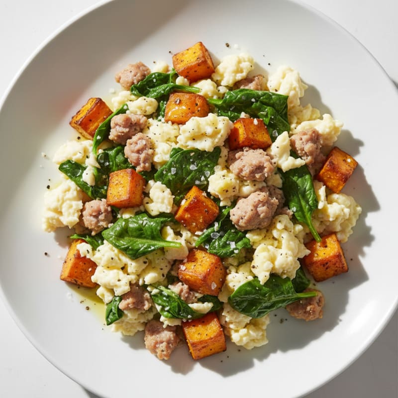 Egg White and Turkey Sausage Scramble with Spinach and Roasted Sweet Potato
