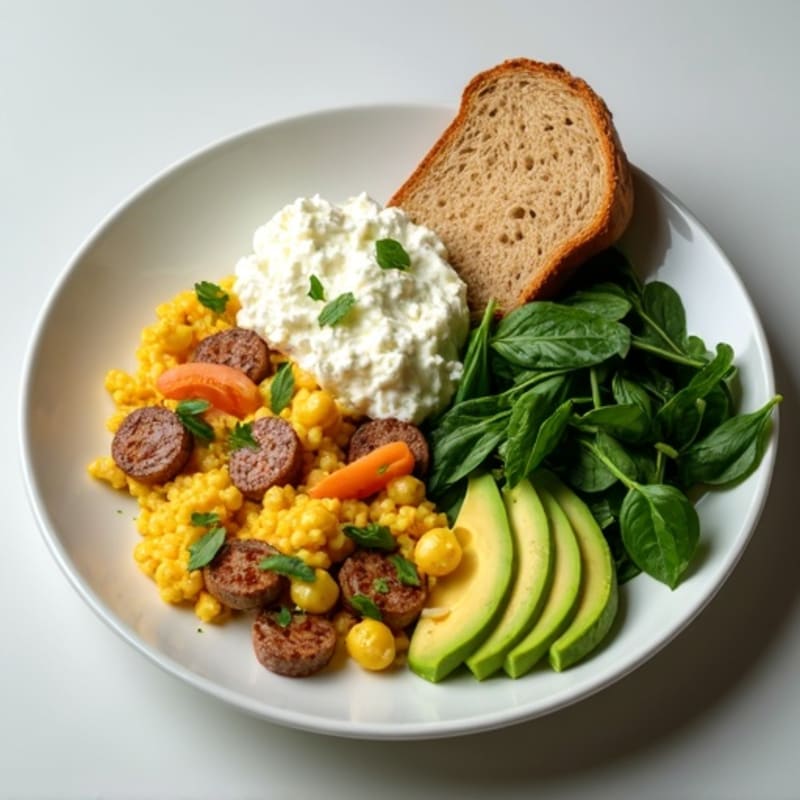 Egg White and Turkey Sausage Scramble with Cottage Cheese and Spinach